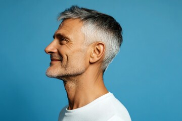 Fototapeta premium Blue solid background. A classy midlife man with a timeless look. Creative art of style for aging men. Chic men's mullet haircut - midlife arabian man with short hair.