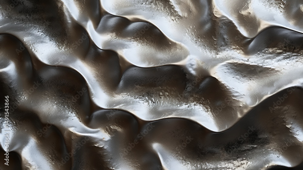 Poster silver metallic undulating surface creates abstract texture with shadows and highlights pattern.