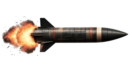 A guided missile rocket that can carry a nuclear warhead is isolated on a transparent background.