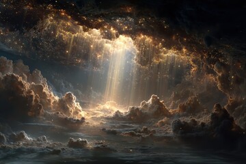 Fototapeta premium Illuminated Cloudscape. Radiant beams of light breaking through clouds, creating a heavenly scene.