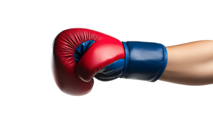 Red and blue boxing gloves punching to the right. isolated on transparent background.