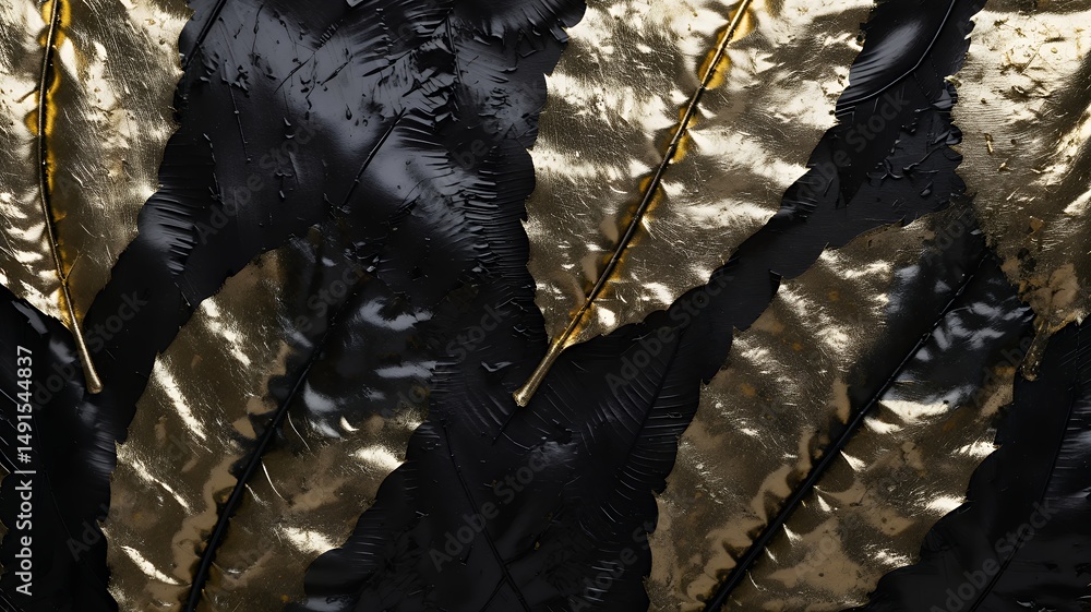 Poster abstract pattern of overlapping leaves is rendered in textured black and gold hues.