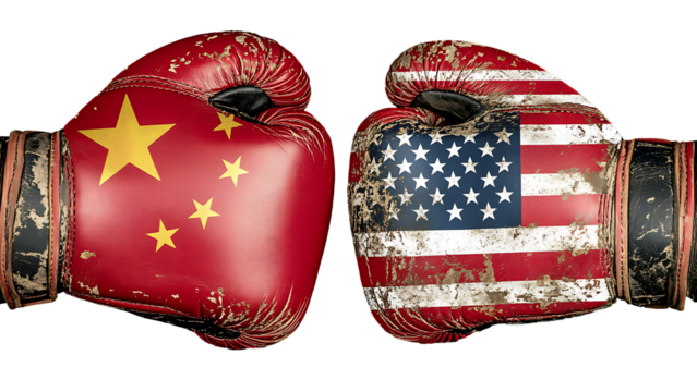 Two boxing gloves with the US and China flags facing each other, symbolizing the trade conflict. Isolated on a transparent background.