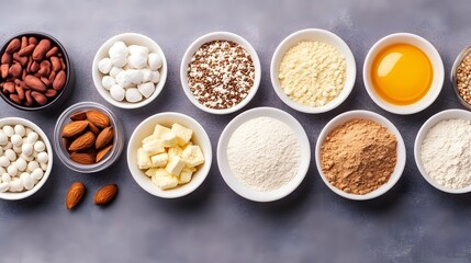 A variety of food ingredients displayed in bowls for allergen awareness and healthy eating.