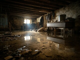Flooded, rustic basement interior, beams and reflections.