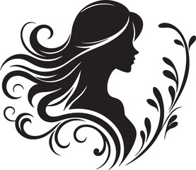 Elegant Silhouette of a Woman with Flowing Hair and Floral Elements

A minimalist black silhouette of a graceful woman in side profile, featuring long flowing wavy hair intertwined with delicate flora