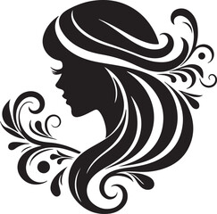 Fototapeta premium Elegant Silhouette of a Woman with Flowing Hair and Floral ElementsA minimalist black silhouette of a graceful woman in side profile, featuring long flowing wavy hair intertwined with delicate flora
