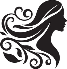 Elegant Silhouette of a Woman with Flowing Hair and Floral Elements

A minimalist black silhouette of a graceful woman in side profile, featuring long flowing wavy hair intertwined with delicate flora