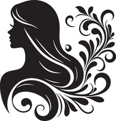 Elegant Silhouette of a Woman with Flowing Hair and Floral Elements

A minimalist black silhouette of a graceful woman in side profile, featuring long flowing wavy hair intertwined with delicate flora