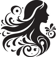 Elegant Silhouette of a Woman with Flowing Hair and Floral Elements

A minimalist black silhouette of a graceful woman in side profile, featuring long flowing wavy hair intertwined with delicate flora