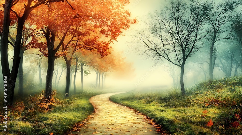 Poster a serene stone path winds through misty trees displaying autumnal foliage in colorful landscape