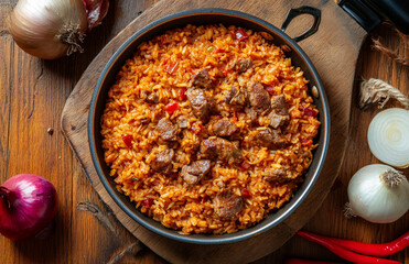 Fried rice with beef chunks in a black pan, garnished with parsley and red chili slices, on a wooden board with garlic and red pepper.