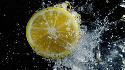 Fresh lemon slice exploding in water droplets.