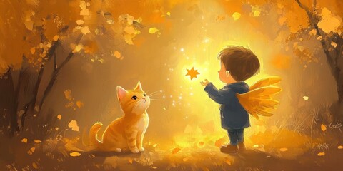 Boy feeding stars to a winged cat