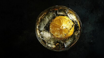 High-angle view of a refreshing beverage with ice and lemon.