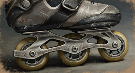Close-up of an inline roller skate showing wear and tear. Wheels are worn, showing a sporty device that has been heavily used.