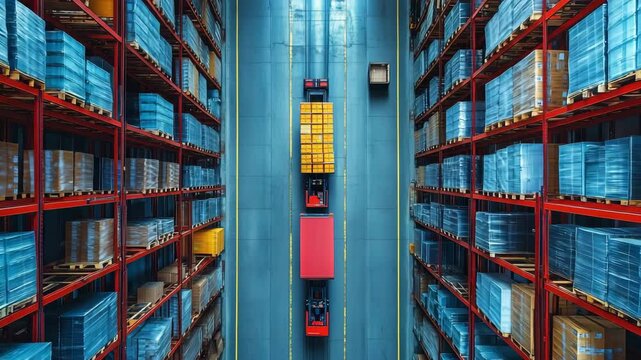 Automated Warehouse with Tall Racks and Robots from Top View