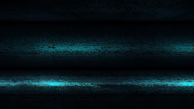 Abstract data landscape with layers of encrypted information and digital code streams glow in teal.