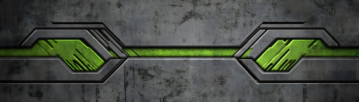 Abstract graphic design with metallic gray and vibrant green accents.