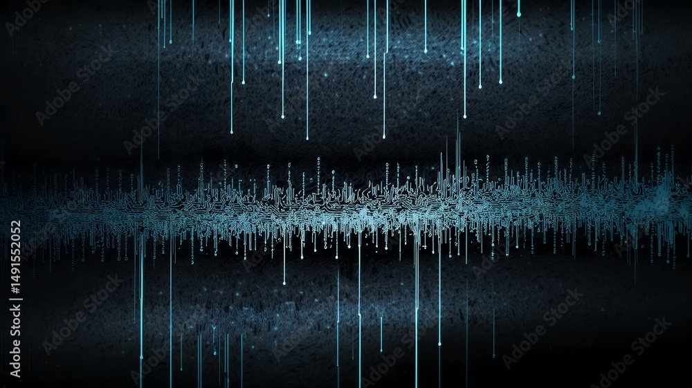 Poster abstract blue technology background, with digital streams of data flowing across the dark canvas.