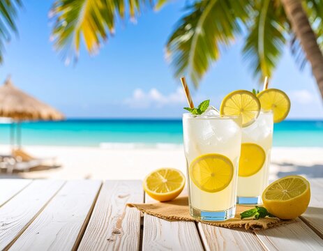 화창한 날씨의 바닷가, 원목테이에 올려져 있는 시원한 레몬에이드 A refreshing lemonade on a wooden table at the beach on a sunny day