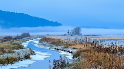 Misty winter landscape of a marshland