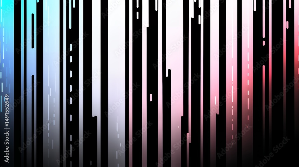 Poster abstract vertical stripes fade from blue to pink over a dark background, creating a dynamic flow.