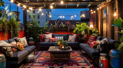 Illuminated rooftop patio with sofas pillows and plants at dusk creating a cozy atmosphere
