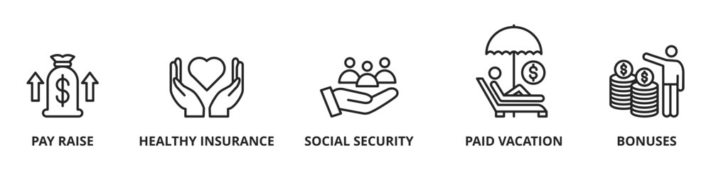  Employee Benefits. Pay Raise, Health Insurance, Social Security, Paid Vacation, Bonuses and Benefit Vector Icon Concept

