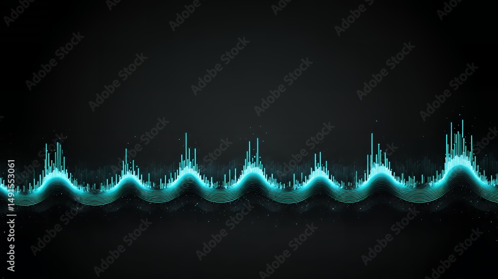 Poster abstract technology background displaying glowing blue sound waves on a dark surface design.
