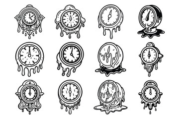 Set of vintage engraving style melting clock vector illustration on white background.