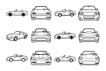 Set of vintage side,top front views of car line art vector illustration on white background.