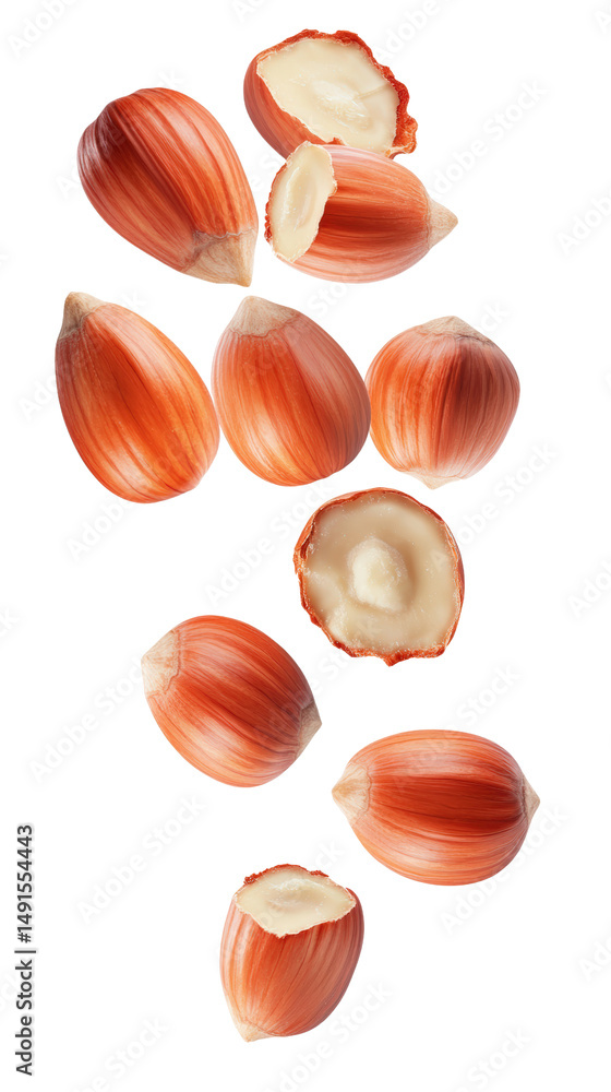 Poster close-up of assorted hazelnuts with some ed and some uned, showing smooth brown s and creamy nut int