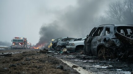 Highway accident scene with damaged vehicles.