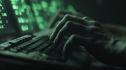 Close-up of hands typing on a laptop with green code on screen in a dark environment