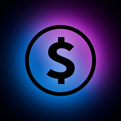 Dollar Circle icon with Blue and Purple Neon Light on Dark Background.