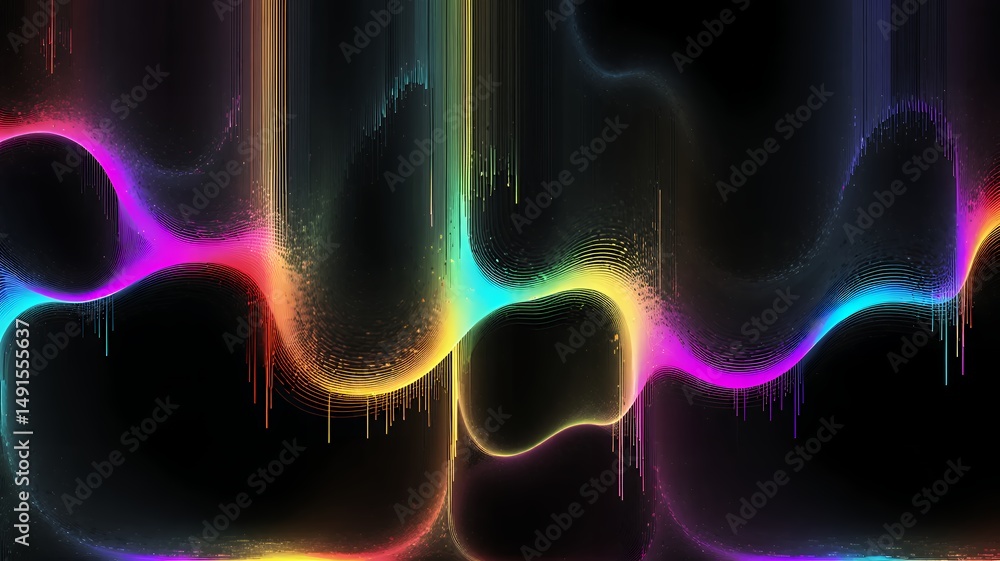 Poster abstract dark background with luminous curved lines and vertical lines in spectrum colors.