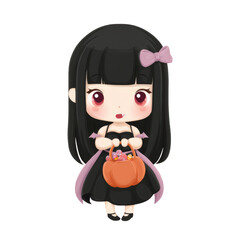 Fototapeta premium Cute girl in costume holding pumpkin basket.