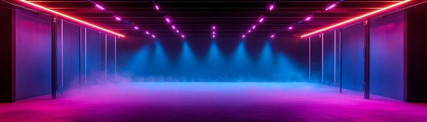 Obraz premium Vibrant neon lit empty space with colorful spotlights.