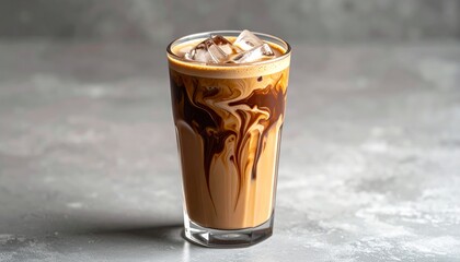 A cold glass holds a sweet iced coffee latte, a refreshing brown beverage with milk, while another offers a hot chocolate with ice, a unique chocolate drink