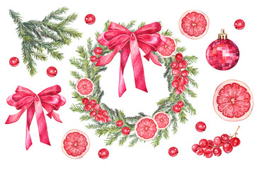 Watercolor set with green christmas tree fir wreath and red bow and berry grapefruit isolated on white background. Circle frame border template. Hand-drawn clipart with copy space for new year card