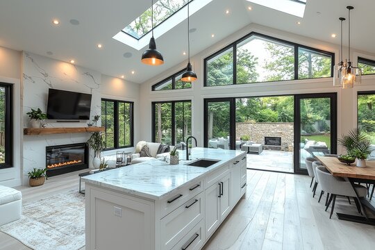 Modern farmhouse kitchen with white walls, black accents, marble island, wine cabinet, fireplace TV, open living area with sofa and armchair, dining table by windows, skylight, glass door, and high ce