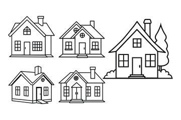 Set of beautiful houses line art vector illustration on white background.