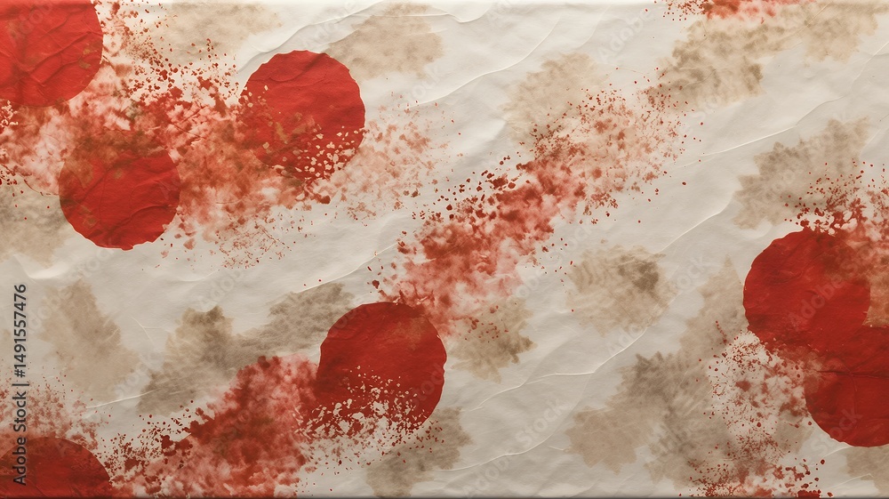 Poster abstract watercolor art featuring diffused red circles and splatters on textured paper surface.