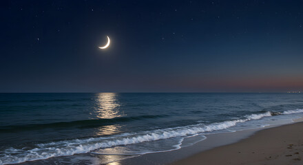 Crescent Moon over Ocean at Night