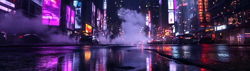 Naklejka premium Urban nighttime scene with vibrant reflections.
