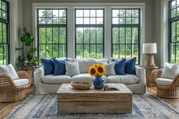 Nautical-inspired living room with navy blue and white stripes, gray sofa with sunflower pillows, rustic wood and wicker coffee table, vintage chairs by large window wall