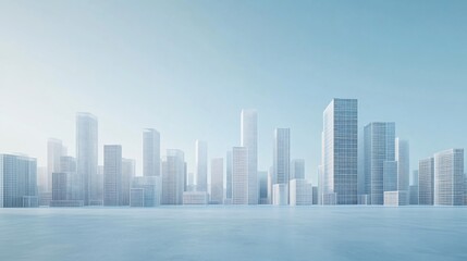 Obraz premium Abstract cityscape with geometric wireframe buildings against a soft blue background