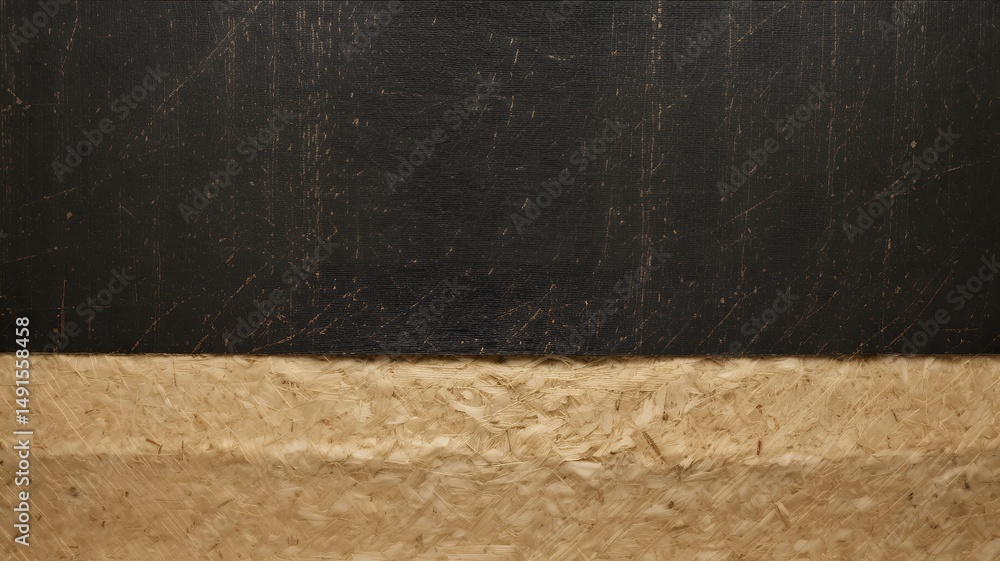 Aufkleber abstract composition with textured dark surface over lighter wood, creating a visual contrast.