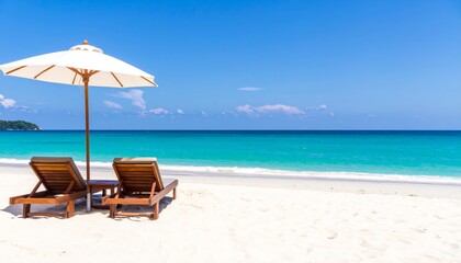 Fototapeta premium Tropical paradise in Thailand with beach chairs and a parasol on the sunny sand by the blue sea offers a relaxing summer vacation